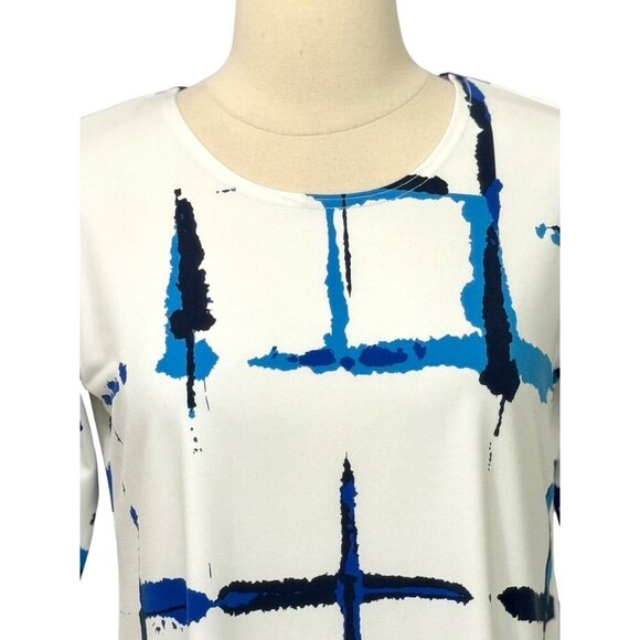 Sympli White Tunic Top Blue Artsy Print Slinky Knit Jersey Stretch Artsy Size 6 - Picture 2 of 8